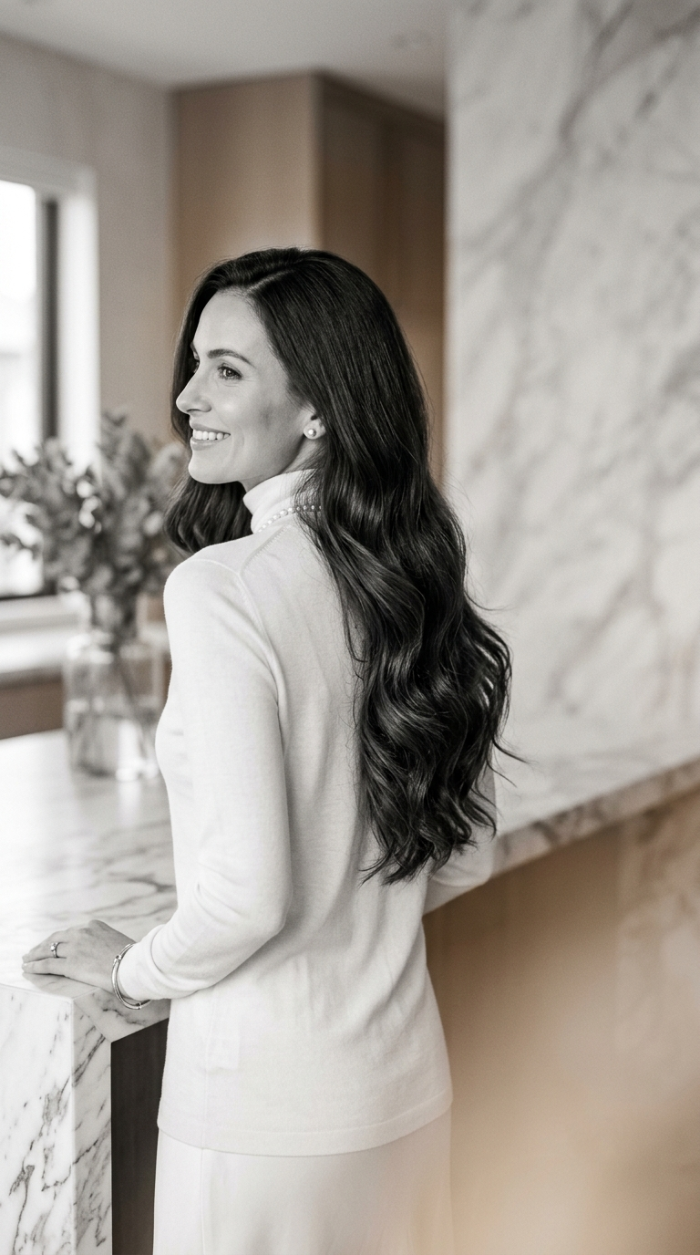 An elegantly dressed woman with long, glossy dark hair in a marble interior