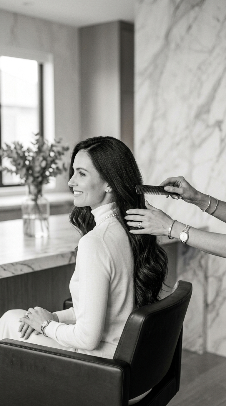 A stylist combing a seated woman's long, glossy hair in a bright marble salon