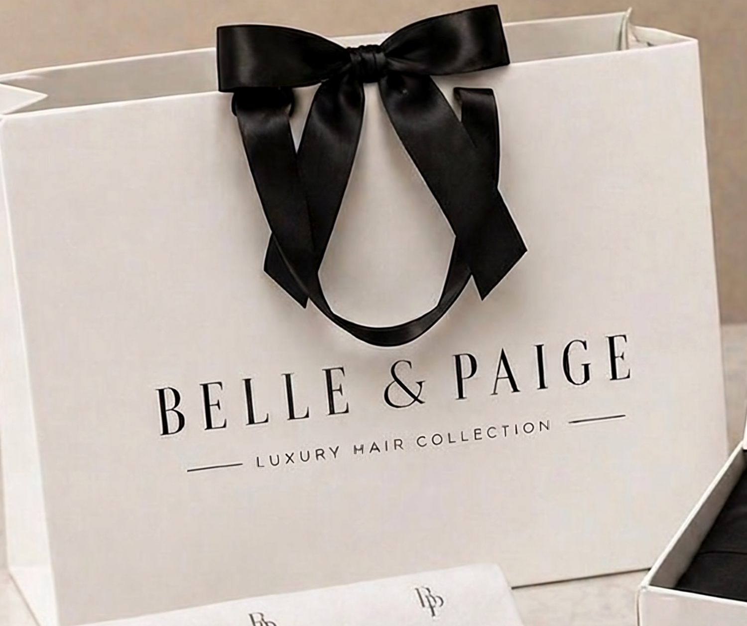 Belle and Paige luxury shopping bag with black satin ribbon on marble